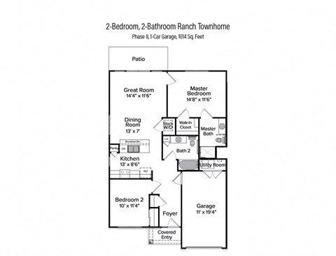 2-D floor plan of a 2-bedroom, 2-bathroom ranch townhome in Phase II with 1-car garage & private patio (1014 square feet)